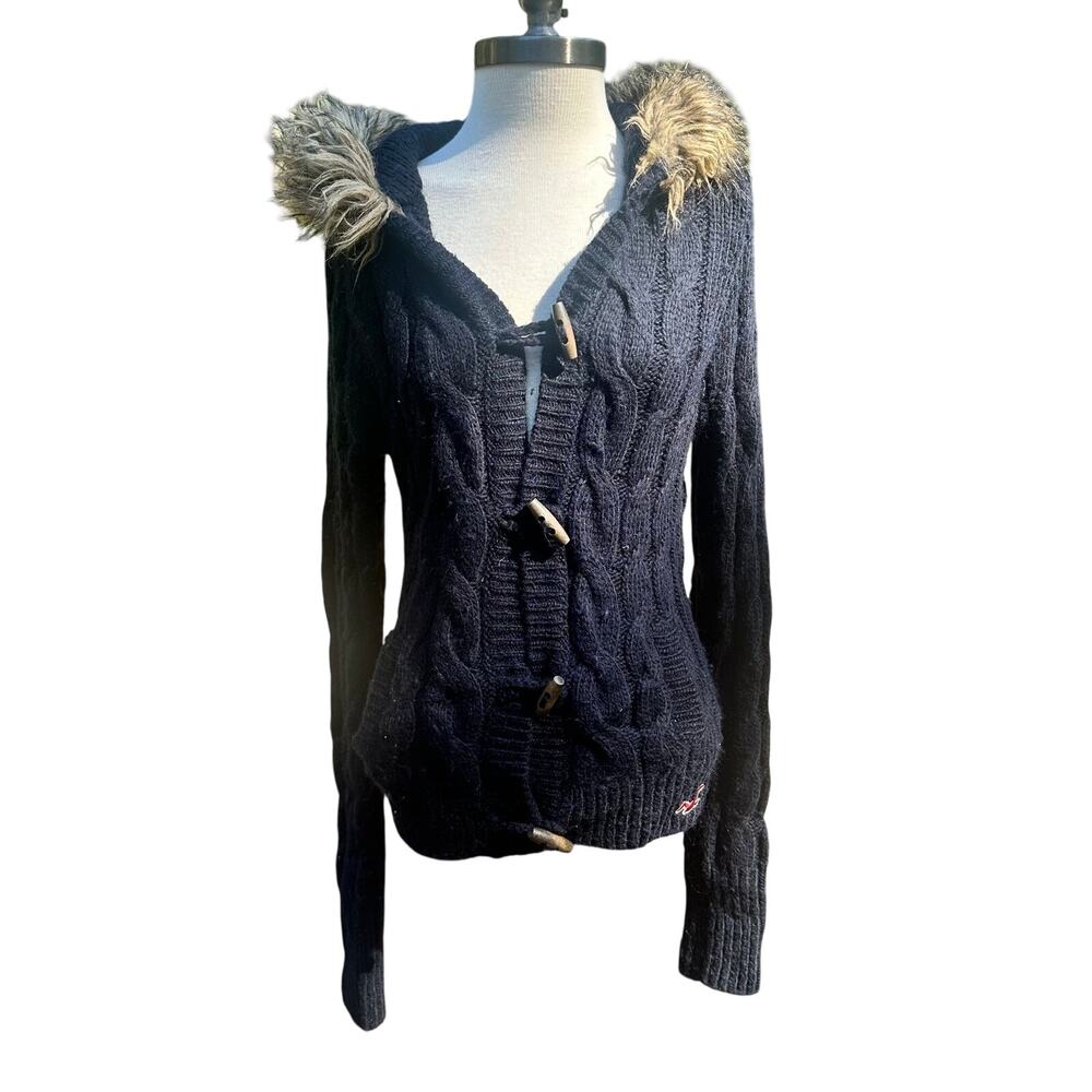 Hollister y2k cable knit Faux Fur hooded cardigan Dark Navy Toggle Buttons